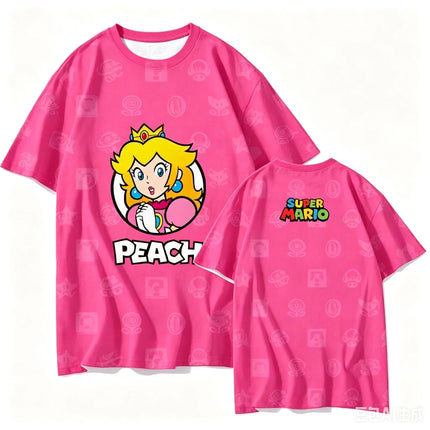 2026 Summer Princess Peach Retro Cosplay T-shirt Men's Oversized Short-sleeved Family Unisex 3D Printed Children's Sports Shirt