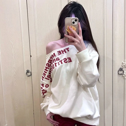 Sexy Oversize T-shirt Women Streetwear Letter Print Skew Collar Off Shoulder Long Sleeve Basic Top Korean Fashion Loose T-shirt