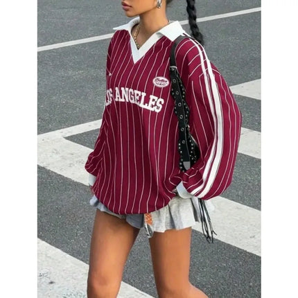 Plus Size 1XL-5XL Women's Casual Striped Letter & Number Print Athletic Polo Collar Long Sleeve T-Shirt Drape Tops