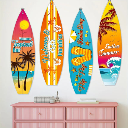 4Pcs Surfboard Party Banner Summer Wall Decor Surfboard Wall Hanging Banner Sign Beach Decoration Summer Theme Decor Hawaiian