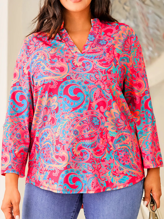 Plus Size Women's Paisley Print Top, Boho 3/4 Sleeve V Neck Blouse, Casual Shirt for Curvy Women
