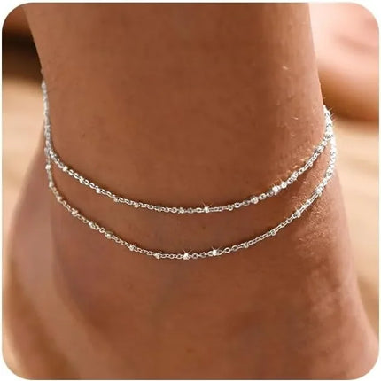 Gold/Silver Ankle Bracelets for Women,14K Gold Anklets for Women Waterproof Beads Anklets Set Layered Anklet Gold Jewelry Gift