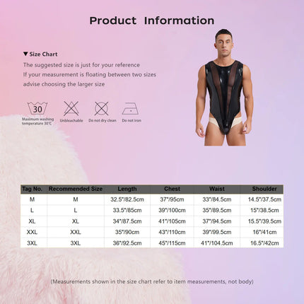 Mens Wet Look Patent Leather Bodysuit Sleeveless Mesh Patchwork Buttoned Crotch Leotard Jumpsuit Clubwear Pole Dance Costumes