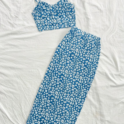 Summer Tops Women's Dress 2 piece suit swimsuit seaside vacation printed suspender Backless Slim top side slit skirt Party Dress