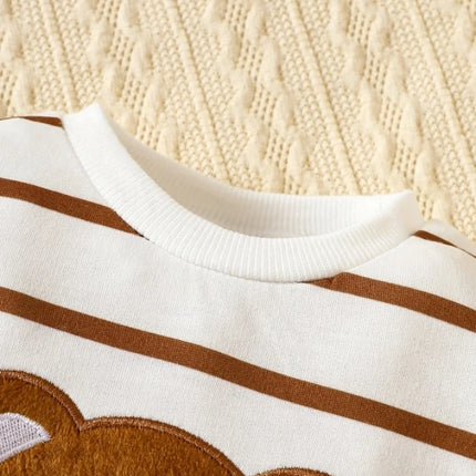 "Korean-Style Baby Romper | Brown & White Striped Onesie with Bear-Holding-Heart Embroidery - 'I Love Mom & Dad' Themed"