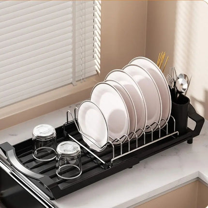 Extendable Dish Drying Rack Space Saving Hollow Design Utensil Storage Holder Dinnerware Organizer Large Capacity Draining Tray