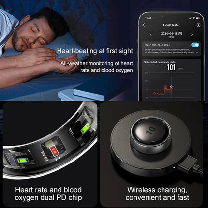 R10 Smart Ring Men Women with Wireless Charging,Health Sleep Monitor,5ATM Waterproof,Multi-sport Mode For Xiaomi Samsung Phone