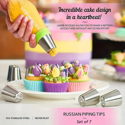 13PCS Russian Piping Tips Set Cake Decorating Kit- 7 Flower Nozzles,EVA Bag & Tools - for DIY Cake Puff Decoration Baking Tools