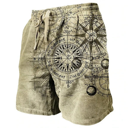 Men's Beach Shorts Compass Pattern 3D Retro Printed Shorts Men's Summer Breathable Drawstring Shorts Fitness Street Shorts