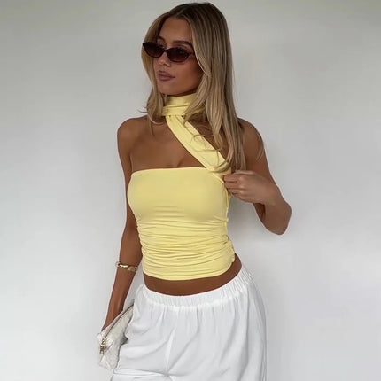 Hugcitar Women Elegant Halter Scarf Strapless Ruched Solid Sexy Slim Crop Tank Top 2025 Summer Casual Clothes Streetwear Party