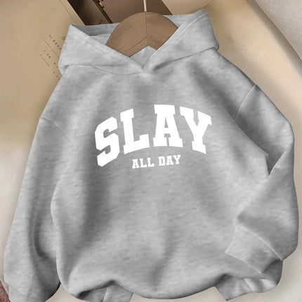 SLAY ALL DAY Hooded Sweatshirt Casual Long Sleeve Winter Pullover with Bold Lettering  Winter Clothes for Girls Comfortable Fit