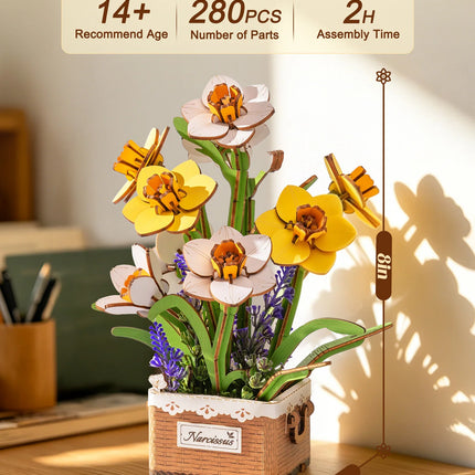 Rolife Artificial Flower Wooden 3D Puzzle Narcissus DIY Flower Bouquet Model Building Kit for Home Decor Mother's Day Valentine's Day Gifts