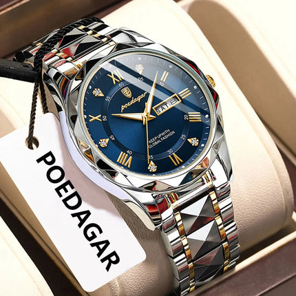 POEDAGAR Luxury Business Men's Watches Waterproof Stainless Steel Luminous Men's Wristwatch Date Week Quartz Sport Men's Watch Reloj