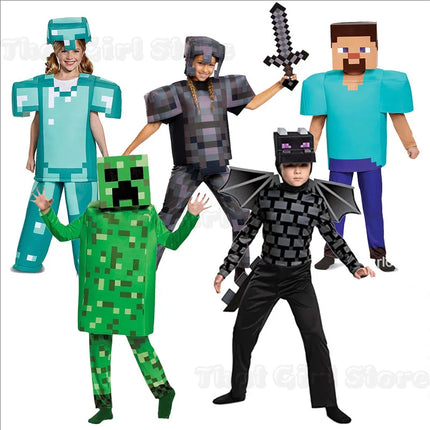 Kids Cosplay Diamond Armor Game Character Steve Cosplay Costumes 3 Pieces Set Blue Outfits Dress Up Set for Halloween Suit