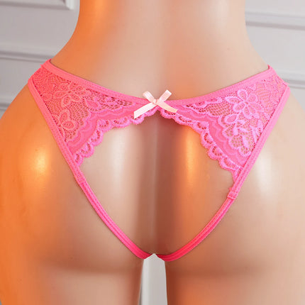 Hot Pink See Through Lace Bodysuit For Women Adjustable Spaghetti Strap Bow Decor Open Crotch Erotic Lingerie