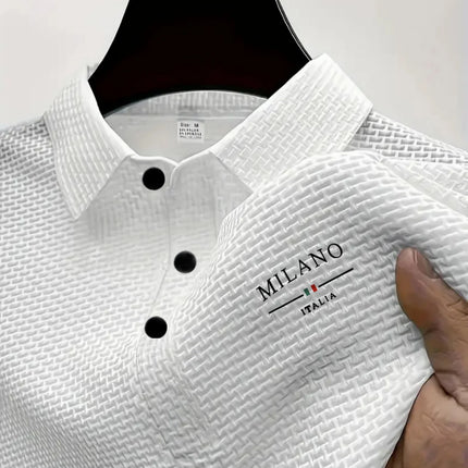 Mens Milano Italia Letter Jacquard Polo Shirt Breathable Quick Dry Fabric Casual Business Outdoor Daily Short Sleeve Top