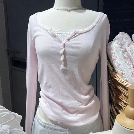 Six Buttons Ribbed Long Sleeve T-shirts Women Spring Round Neck Cotton Slim Tee Top Female Sweet Cute Pink Tshirt Y2k Tops New