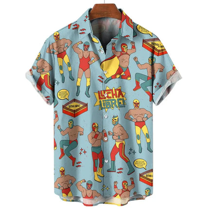 New Retro Men's Shirt 3d Mexican Wrestling Print Short Sleeve Shirt Fashion Man Clothing Loose Oversized Hawaiian Shirts for Men