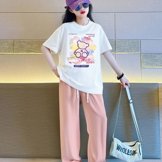 2026 summer girls Clothes Children set Sports Suit Teen tracksuit bear loose t shirt tops + wide long pants 10 11 12 14 years