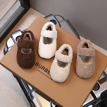 Children Fur Shoes 2024 Winter Kids Warm Plush Shoes For Girl Flat Loafers Moccasins Girls Casual Shoes Khaki, Beige