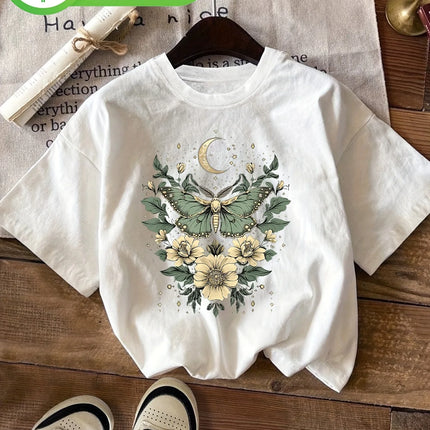Women's Casual Short Sleeve Crew Neck 100% Cotton T-Shirt Butterfly Floral Print with Moon Stars Spring & Summer Top Clothing