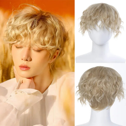 Short hair synthetic men's role-playing wig heat-resistant fireworks perm short curly hair natural black daily wig