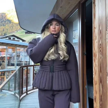 Women Peplum Ski Jackets Hooded Stand Collar Belt Waist Zipper Solid Puffer Jacket Fashion Sheath Warm Sport Winter 2025 Skiwear