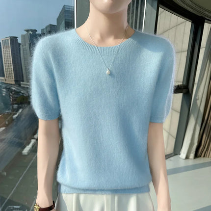 New Knitted Women's 100% mink cashmere short sleeved sweater T-shirt Simple and versatile Women's O-neck pullover FRSEUCAG brand