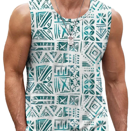 Mens Retro Geometric 3D Printed Tank Top Summer Casual Crew Neck Fashion Trend Sleeveless Vest Loose Breathable Sports Tops