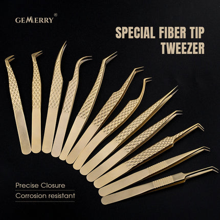 Gemerry  Eyelash Extension Tweezers With Fiber Tips Golden Stainless Steel High Precision Tweezer for Volume Fans Makeup Tools
