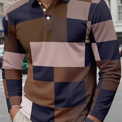 Men's 3D Printed Retro Plaid Pattern Golf Shirt Long Sleeve Polo Shirt Business Casual Formal Button Collar Autumn and Winter