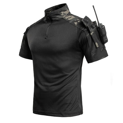 Men's Tactical Combat Shirt Short Sleeve 1/4 Zip Breathable Quick Dry Camo for Airsoft Paintball Training Outdoor Hunting Hiking