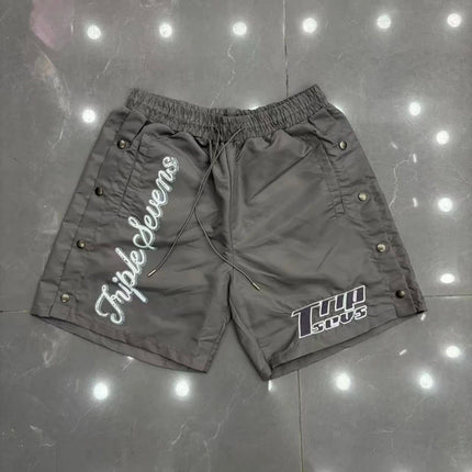 Red Triple Sevens Side Slit Button Placket Shorts Pockets 7S Logo Jorts Men Women Casual Drawstring Waterproof Loose Shortpants