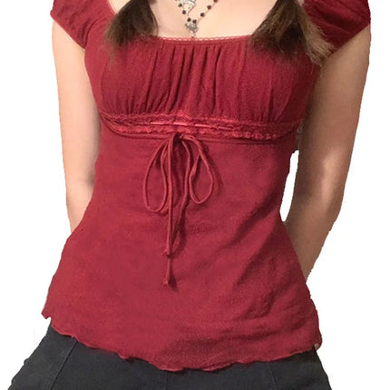 2000s Aesthetic Sweet Lace Tops Women Off Shoulder Drawstring T-shirt Korean Fashion Female Tee Fairy Grunge Streetwear
