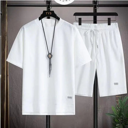 2026 new Summer Men's Waffle Sets Casual T-Shirt And Shorts Set Male Sports Suit Solid Color Tracksuit Loose Suits
