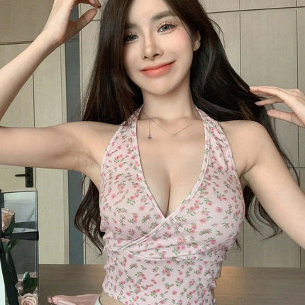 Summer American Women's Floral Halter Cami Pure Desire Style Sexy Slim Short Spicy Girl Casual Street Vest Top