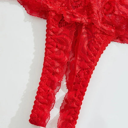 Valentine's Day French sweet two-piece set, red sexy women's half-exposed breast design open crotch panties, floral lace embroid