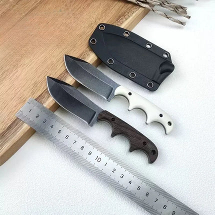 New outdoor small straight knife, stone washed blade camping edc survival knife, white/wood grain handle + k sheath tool.