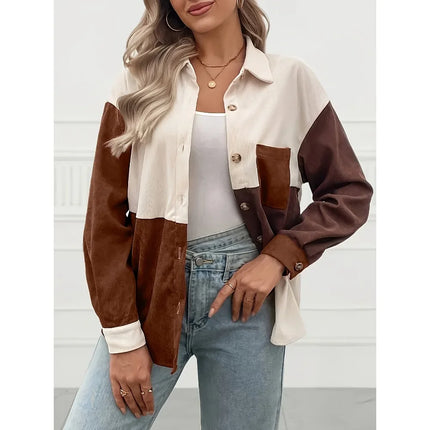 Plus Size 1XL-5XL New Women's Fashion Color-Block Pocket Shirt With Lapel Collar Ladies Casual Long Sleeves Blouse Shirt Top