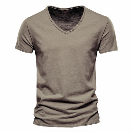 Brand Quality 100% Cotton Men's T-shirt V-neck Fashion Design Slim Fit Solid T-shirts Male Tops Tees Short Sleeve T-Shirt For Men