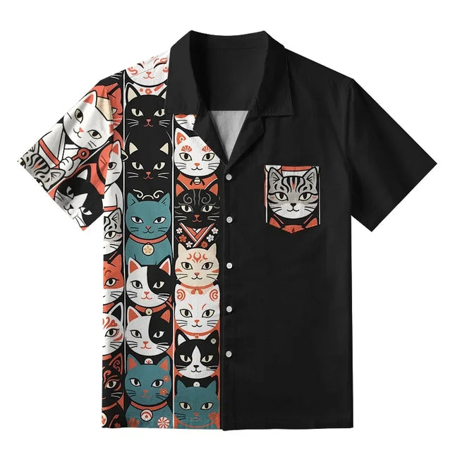 Men's Cat Graphics Shirts Short Sleeved Lapel Japanese Style Shirt For Summer Oversized Tops Vacation Casual Hawaiian Shirts