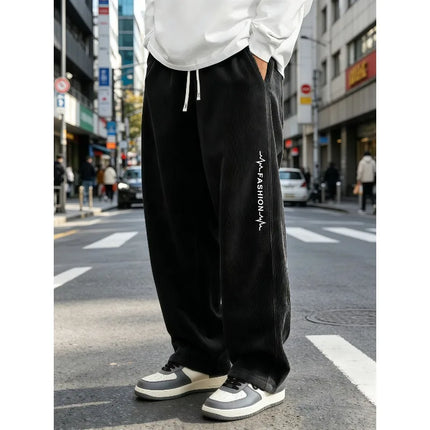 Men's corduroy wide leg pants with elastic drawstring, loose straight leg pants, fashionable letter printed streetwear,   S-4XL