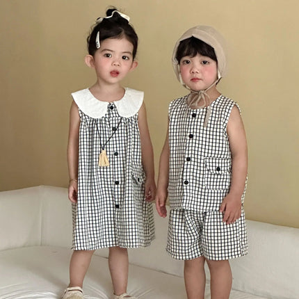 RAISE 2026 Summer Children Outfit Muslin Peter Pan Collar Kids Girls Sleeveless Dress Thin Plaid Tank Top Vest+loose Shorts Suit