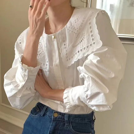 Chic Korean Style Early Spring French Embroidery Large Lapel Single-breasted Fashionable Age-reducing White Shirt For Women
