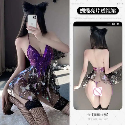 Summer New Women's Sexy Transparent Halter Lingerie Dress Lady Naugty Party Open Crotch Teddy Babydoll Spicy Night Sleepdress