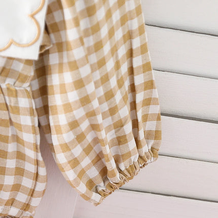Baby girl baby fashionable fake collar embroidered round neck long sleeved plaid triangle jumpsuit (including headband)