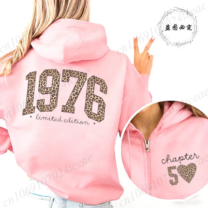Leopard 50th Birthday Gifts Zip Up Hoodie 1976 Retro Birthday Hoodie Fashion Hoodie Mom Fiftieth Women Aesthetic Sweatshirts