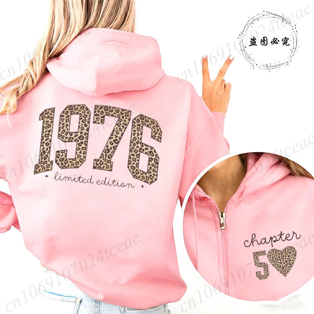 Leopard 50th Birthday Gifts Zip Up Hoodie 1976 Retro Birthday Hoodie Fashion Hoodie Mom Fiftieth Women Aesthetic Sweatshirts