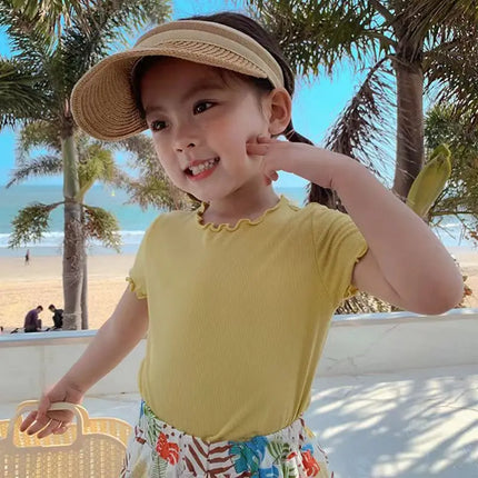 Girls Casual Ice Silk Short Sleeved T-shirt Summer Children Ear Edge Top 2-10 Years Old Girl Versatile Half Sleeved Clothes