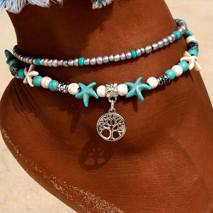 Beach Boho Wave Sea Star Dolphin Turquoise Bead Turtle Foot Chain Anklet  For Women Jewelry